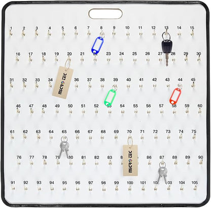 MICRO TEC Masonite Key Holder Wall Mount with 105 Spring-Lock Hooks 32E x 29.5" – Wall Mounted Key Organizer Board with Metal Trim and Handle – Dealership, Office, Garage Key Rack Cabinet - Pack of 1