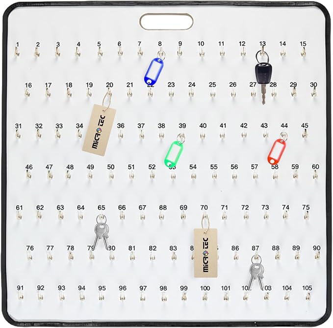 Masonite Key Holder Wall Mount with 105 Spring-Lock Hooks 32E x 29.5" – Wall Mounted Key Organizer Board with Metal Trim and Handle – Dealership, Office, Garage Key Rack Cabinet - Pack of 1