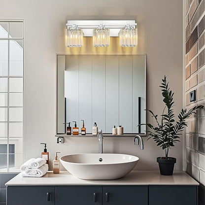 Crystal Bathroom Light Fixtures, 3 Light Chrome Vanity Lighting Over Mirror with Crystal Shades, Modern Bathroom Vanity Light for Restroom, Bath, Cabinet and Powder Room