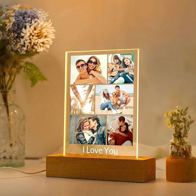 Custom Picture Frame with Photo, Personalized Photo Frame with Night Light, Customized Picture Frames, Personalized Valentines Day Gifts for Women Men Her Him Girlfriend Boyfriend Couple