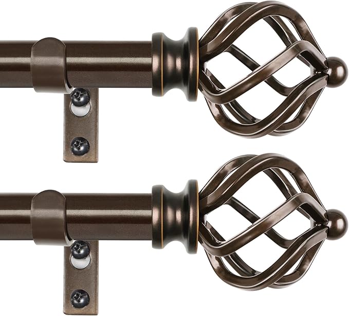 KAMANINA 2 Pack Curtain Rods 32 to 58 Inches (2.6-4.8ft), 3/4 Inch Curtain Rods for Windows Splicing Adjustable Single Drapery Rod with Twisted Cage Finial, for Indoor and Outdoor, Bronze