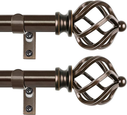 KAMANINA 2 Pack Curtain Rods 32 to 58 Inches (2.6-4.8ft), 3/4 Inch Curtain Rods for Windows Splicing Adjustable Single Drapery Rod with Twisted Cage Finial, for Indoor and Outdoor, Bronze
