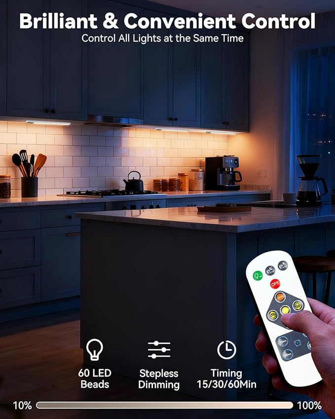 Under Cabinet Lighting Wireless with Remote, Rechargeable Under Cabinet Lights, 9 Inch Motion Sensor Cabinet Light Indoor, 3 Color Temps & Dimmable LED Lights for Kitchen, Closet, Hallway, 2-Pack