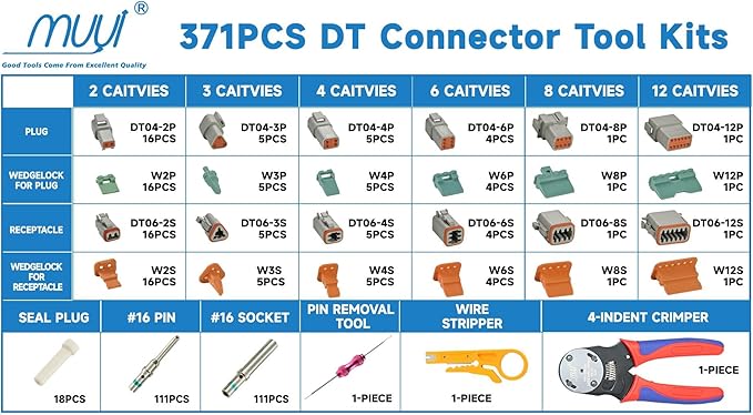 MUYI 371PCS DT Connector Kits, 2/3/4/6/8/12 Pin Connectors for 20 18 16 14AWG Cable Harness, Included Size 16 Solid Barrel Contacts, Wire Crimper, Wire Strippers and Pin Socket Removal Tool