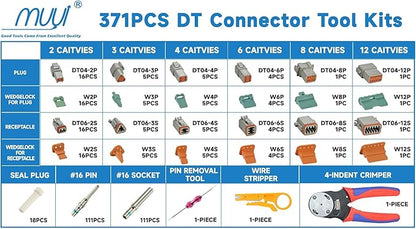 MUYI 371PCS DT Connector Kits, 2/3/4/6/8/12 Pin Connectors for 20 18 16 14AWG Cable Harness, Included Size 16 Solid Barrel Contacts, Wire Crimper, Wire Strippers and Pin Socket Removal Tool