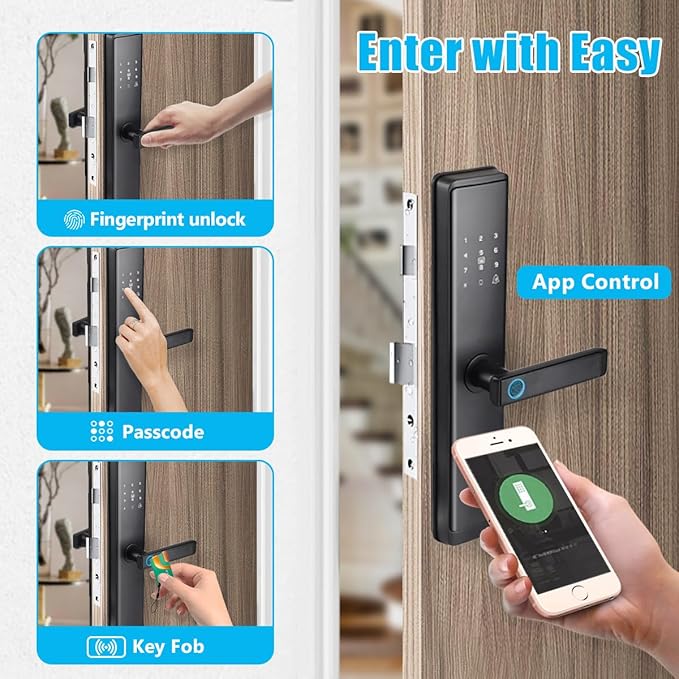 Fingerprint Door Lock with Handle - Tuya App Control & Mechanical Key Backup - 5-in-1 Keyless Entry Smart Lock - Fits 1.38-4.72inch Doors, Auto Lock & USB Emergency Power for Home, Office
