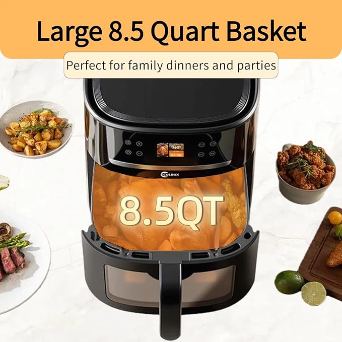 8.5QT Large Air Fryer, AI Intelligent Recognition Airfryer with Clear Window, Touch Controls with 12 AI Functions, Shake Reminder, Nonstick, Fit for Family, Black