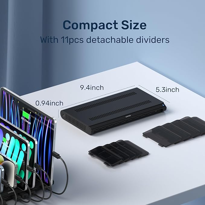 Unitek Multi USB Charging Station - 10 Ports Fast iPad Charging Dock with Type-C & 2 QC 3.0 Port, Charger Station Organizer for Multiple Devices Designed for iPhone, Kindle, Android, Tablets