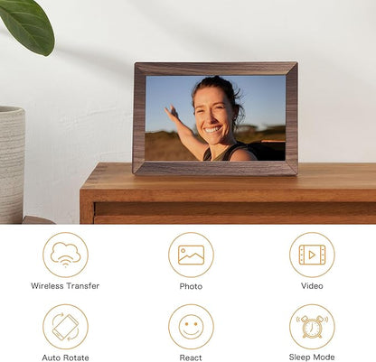 Digital Picture Frame, Frameo WiFi 10.1 Inch 1280 * 800IPS Touch Screen Digital Photo Frame, 32GB Memory, Auto-Rotate, Share Videos Pictures, Birthday Gift for Friend, Family, Wood Color Plastic Frame