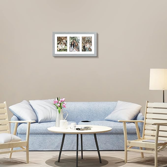 Golden State Art, 9x18 Grey Wood Frame - White Mat for Three 5x7 Pictures - Sawtooth Hangers - Swivel Tabs - Wall Mounting - Landscape/Portrait - Real Glass - Collage Frame
