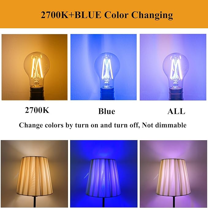 3 Color Temperature LED Bulb E26 Medium Base 60W Equivalent, 2700K Warm White and Blue Color Changing Light Bulb 3CCT A19 LED 6W Clear Glass, Not Dimmable, 2 Pack