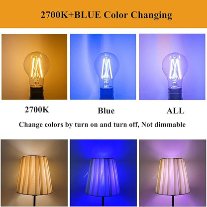 3 Color Temperature LED Bulb E26 Medium Base 60W Equivalent, 2700K Warm White and Blue Color Changing Light Bulb 3CCT A19 LED 6W Clear Glass, Not Dimmable, 2 Pack