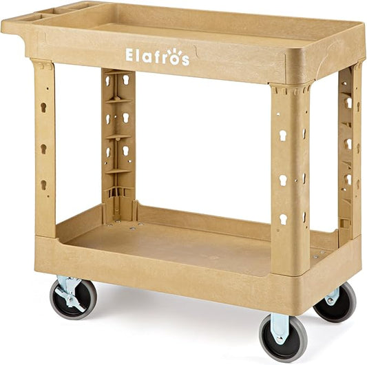 ELAFROS Heavy Duty Plastic Utility Cart 34 x 17 Inch - Work Cart Tub Storage W/Deep Shelves and 2 Fixed 2 Swivel Wheels Safely Holds up to 550 lbs - 2 Tier Service Cart for Warehouse,Garage, Sand