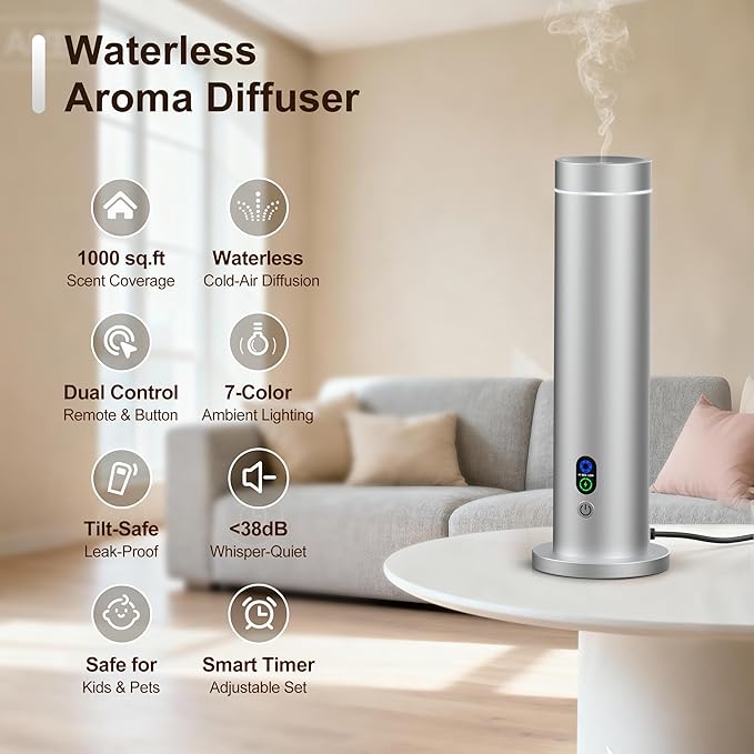 Maromalife Waterless Diffuser, 1000 Sq.Ft Coverage, Essential Oil Diffuser with Tilt-Safe, Remote Control, Adjustable Mist, Mood Lights Aromatherapy Diffuser for Home, Room, Office, Hotel, Silver