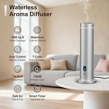 Maromalife Waterless Diffuser, 1000 Sq.Ft Coverage, Essential Oil Diffuser with Tilt-Safe, Remote Control, Adjustable Mist, Mood Lights Aromatherapy Diffuser for Home, Room, Office, Hotel, Silver