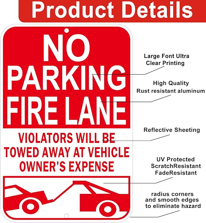 No Parking Fire Lane Sign, Reflective Aluminum, 12 x 18 Inches, Weather Resistant, UV Protected, Indoor Outdoor Use, 2 Pack