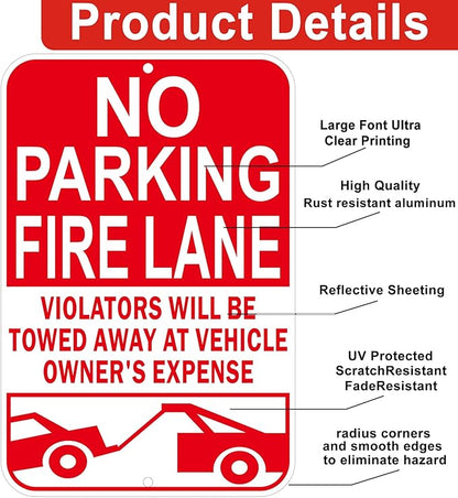 No Parking Fire Lane Sign, Reflective Aluminum, 12 x 18 Inches, Weather Resistant, UV Protected, Indoor Outdoor Use, 2 Pack