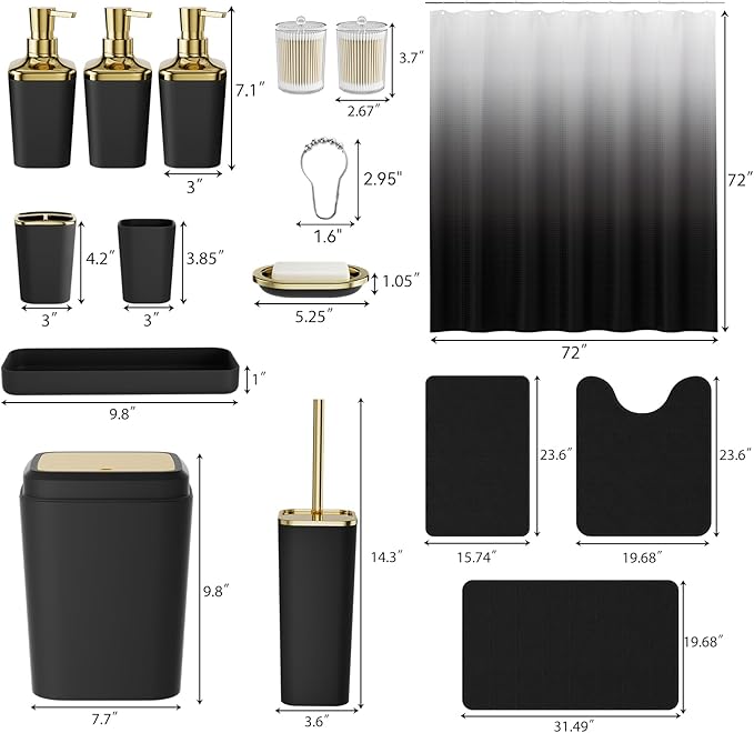 Bathroom Sets with Shower Curtain and Rugs, 27PC Bathroom Accessory Set, Black Bathroom Set, Black and Gold Bathroom Accessories Set with Trash Can, Toilet Brush and Soap Dispensers