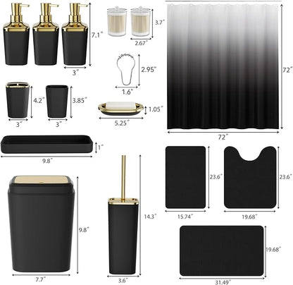 Bathroom Sets with Shower Curtain and Rugs, 27PC Bathroom Accessory Set, Black Bathroom Set, Black and Gold Bathroom Accessories Set with Trash Can, Toilet Brush and Soap Dispensers