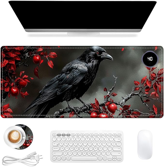 Heated Mouse Pad 31.5x13 in 3-Temp Fast Heating Desk Mat with Auto Timer Warmer for Hands Wrist Pain Relief Waterproof Keyboard Mat for Office, Gaming, Home, Raven Red Berries