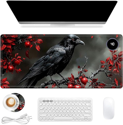 Heated Mouse Pad 31.5x13 in 3-Temp Fast Heating Desk Mat with Auto Timer Warmer for Hands Wrist Pain Relief Waterproof Keyboard Mat for Office, Gaming, Home, Raven Red Berries