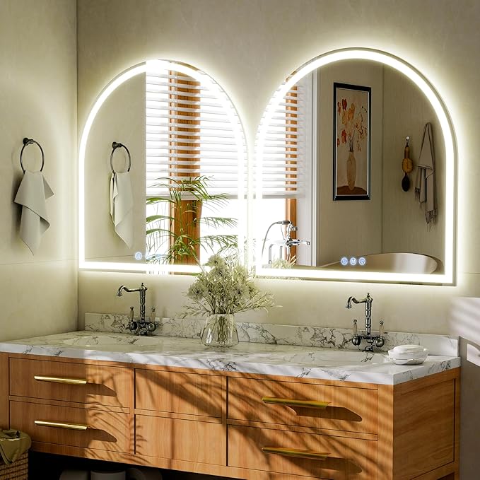 BEAUTYPEAK 34x30 LED Arch Bathroom Mirror with Lights, Anti-Fog, Dimmable, Backlit + Front Lit, Lighted Bathroom Vanity Mirror for Wall, 3 Colors, Memory Function, Tempered Glass, Shatter-Proof