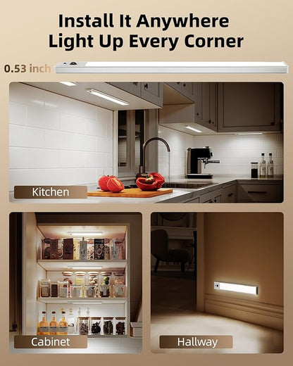 EZVALO 3 Pack Under Cabinet Lighting, 4000mAh Rechargeable Motion Sensor Light, 16inch Magnetic Closet Lights with Dimmable & 3 Color Temps, Wireless Motion Activated Lights with Remote for Kitchen