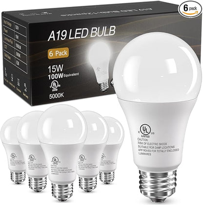 TJOY 6 Pack LED Light Bulbs, 100 Watt Equivalent A19 Lightbulbs, 15W 5000K Daylight White, Bright Energy Efficient LED Bulb, 1500 Lumens E26 Standard Screw Base Lamp for Kitchen Indoor, Non-Dimmable