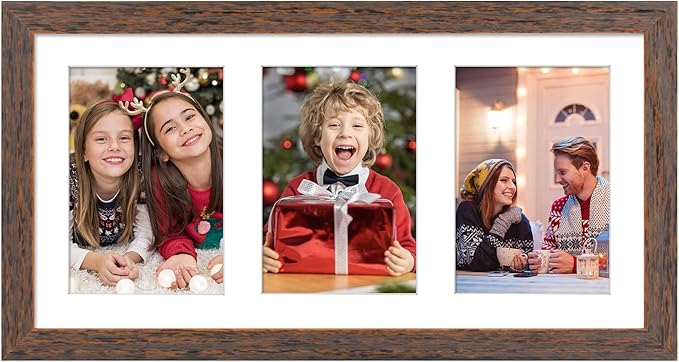Golden State Art, 9x18 Distressed Brown Wood Frame - White Mat for Three 5x7 Pictures - Sawtooth Hangers- Swivel Tabs - Wall Mounting - Landscape/Portrait - Real Glass - Collage Frame, 1 Pack