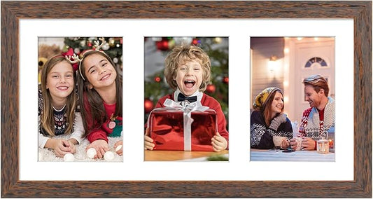 Golden State Art, 9x18 Distressed Brown Wood Frame - White Mat for Three 5x7 Pictures - Sawtooth Hangers- Swivel Tabs - Wall Mounting - Landscape/Portrait - Real Glass - Collage Frame, 1 Pack
