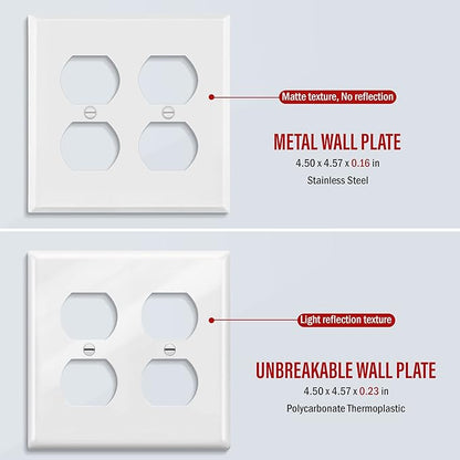 ENERLITES Double Duplex Receptacle Metal Wall Plate, Outlet Cover, Corrosion Resistant, Standard Size 2-Gang 4.50" x 4.57", Powder Coated Stamped Steel, 7722-WM, White Matte