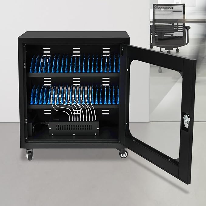 40-Port Mobile Phone Charging Station Cart - Heavy Duty Charging Cabinet for Schools & Offices, 400W Rechargeable Cellphone Locker Storage Lockable Tempered Glass Door & Wheels (Black)