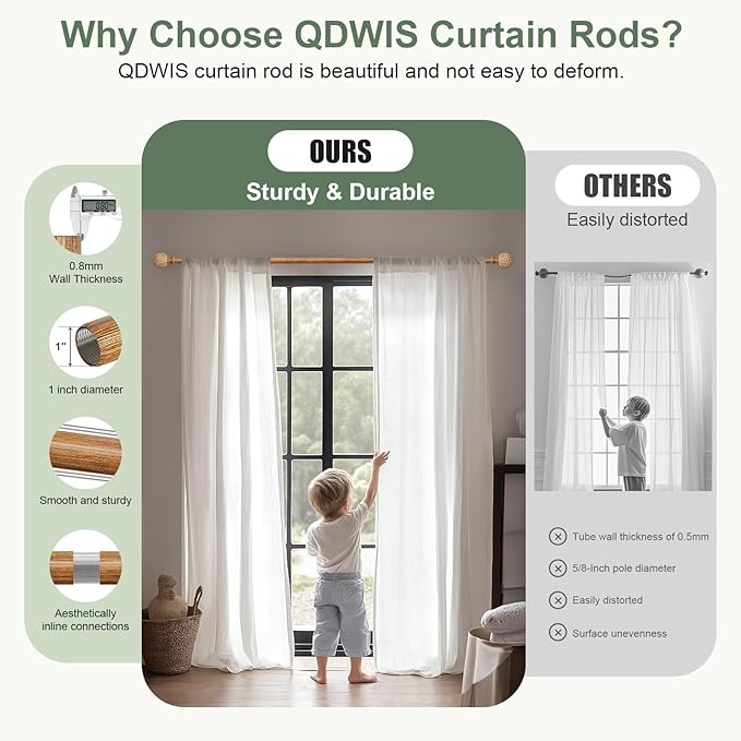 Imitation Wood Grain Ball Curtain Rods for Windows 48 to 84 Inch,1 Inch Heavy Duty Adjustable Wood Curtain Rod,Decorative Drapery Rods Set with Brackets,Size:36''-88''
