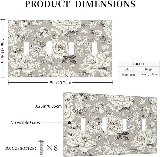 White Poppies Floral Modern Grey Peonies Flowers Light Switch Covers Quad Toggle 4 Gang Wall Plate Decorative Switch Plates Electrical Faceplate for Bedroom Bathroom Decor