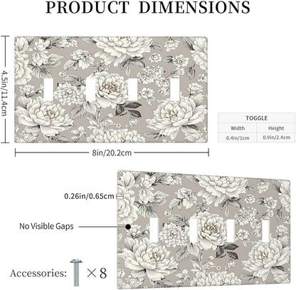 White Poppies Floral Modern Grey Peonies Flowers Light Switch Covers Quad Toggle 4 Gang Wall Plate Decorative Switch Plates Electrical Faceplate for Bedroom Bathroom Decor