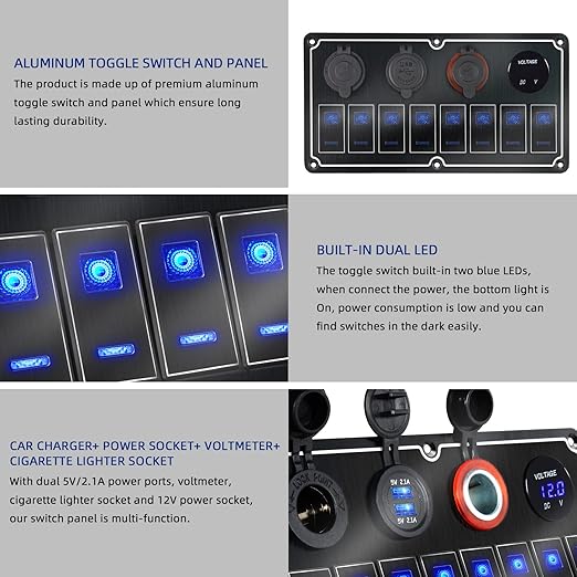 Waterproof 8 Gang Toggle Switch Panel with Dual USB Charger & Voltmeter - Overload Protection for RV, Marine, Car, Truck - Compatible with Auxbeam Boat Switch Panel