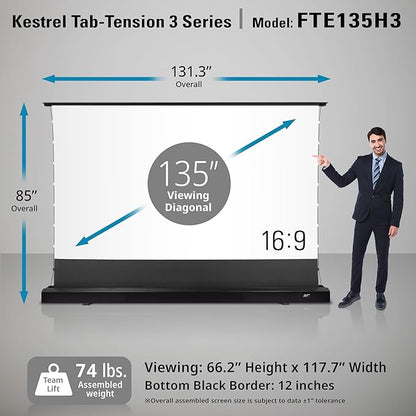 Elite Screens Kestrel Tab-Tension 3 CineWhite, 135 inch 16:9 Aspect Ratio, ISF Certified, Electric Floor-Rising Motorized Tab-Tensioned Front Projector Screen, Programmed Remote Kit, FTE135H3