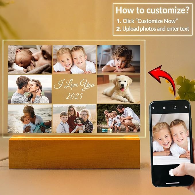 Custom Picture Frame with Photo, Personalized Photo Frame with Night Light, Customized Picture Frames, Personalized Valentines Day Gifts for Women Men Her Him Mom Dad Baby Kid Family Pet