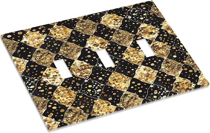 Gold Black Marble Geometric Plaid Glitter Decorative Switch Plates 3 Gang Wall Plate Triple Toggle Light Switch Cover Electrical Wall Panels Faceplate for Bedroom Bathroom Decor