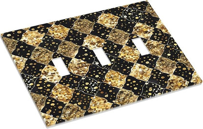 Gold Black Marble Geometric Plaid Glitter Decorative Switch Plates 3 Gang Wall Plate Triple Toggle Light Switch Cover Electrical Wall Panels Faceplate for Bedroom Bathroom Decor