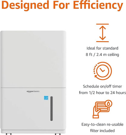 Amazon Basics Large Dehumidifier for Rooms, Energy Star Certified, Effectively Reduces Humidity, Timer, Auto-Defrost, Overflow Protection, up to 2500 SFT, 35 Pint, White