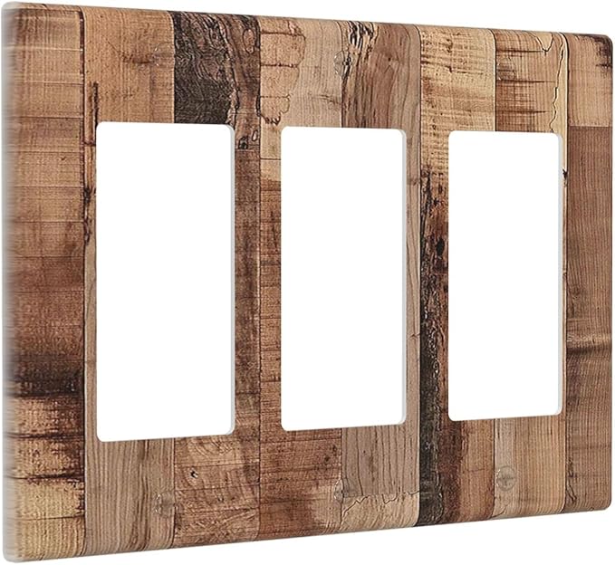 Light Switch Covers Rustic Brown Wood Grain 3 Gang Rocker Electrical GFCI Decorative Triple Outlet Wall Plate Cover Switchplate for Farmhouse Kitchen Decor