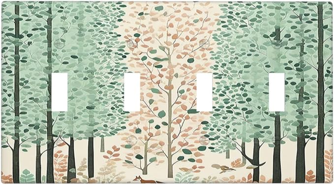 Boho Wildflower Forest Woodland Animals Light Switch Covers Quad Toggle 4 Gang Wall Plate Decorative Switch Plates Electrical Faceplate for Bedroom Bathroom Decor