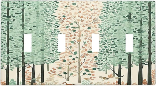 Boho Wildflower Forest Woodland Animals Light Switch Covers Quad Toggle 4 Gang Wall Plate Decorative Switch Plates Electrical Faceplate for Bedroom Bathroom Decor