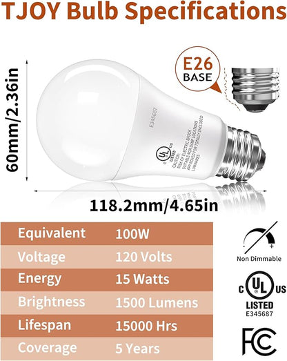 TJOY LED Light Bulbs, 100 Watt Equivalent A19 Lightbulbs, 15W Soft Warm White 2700K, Bright Energy Efficient LED Bulb, E26 Standard Base 1500 Lumens Non-Dimmable Lamp for Home Indoor House, 6 Pack
