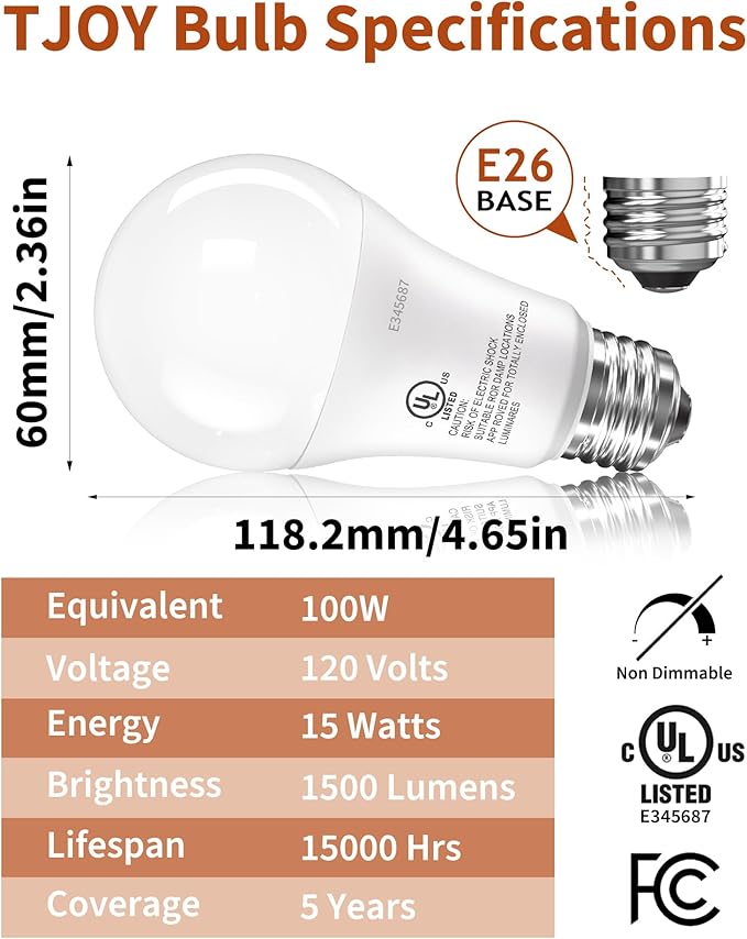TJOY 20 Pack LED Light Bulbs, 100 Watt Equivalent A19 LED Bulbs, Soft Warm White 2700K, Energy Saving Light Bulb with E26 Standard Base, 1500 Lumens Non Dimmable Lamp Bulb for Home Bedroom Kitchen