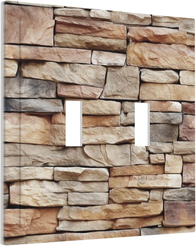 Decorative Switch Plates Stone Textured Brown Brick Natural Stone 2 Gang Double Toggle Outlet Light Switch Cover Wall Plate Electrical Faceplate For Farmhouse Cabin Decor