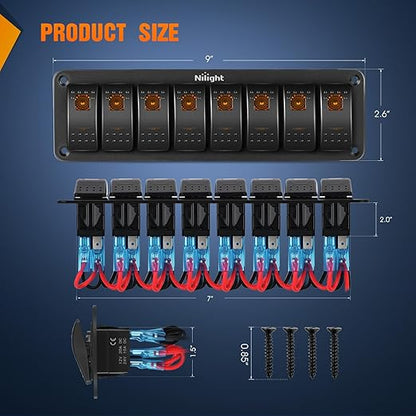 Nilight 8 Gang Rocker Switch Panel with Orange LED Light 5 Pin On Off Pre-Wired Aluminum Toggle Switches Waterproof for 12V/24V Cars Marine Boats ATVs Trailers RV Trucks