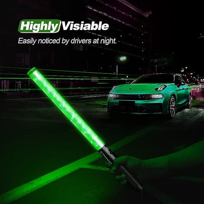 RoadHero 2 Pack 21 Inch Traffic Wands, Green Led Traffic Control Baton, Night Safety Light Wand with 2 Flashing Modes, Air Marshaling Signal Wand with Side Clip for Airport, Parking, Car Directing