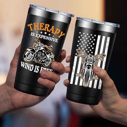 Fufandi Motorcycle Gifts for Men - Therapy Is Expensive Wind Is Free Motorcycle Gifts Tumbler - Christmas Fathers Day Gift for Motorcycle Lovers, Dad, Boyfriend - Tumbler Cup 20oz